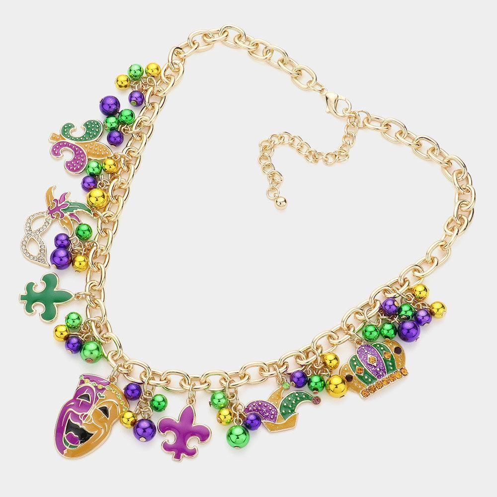 Gold Mardi Gras Enamel Fleur de Lis Mask Hat Pendant Station Necklace - Jewelry Store by Erik Rayo