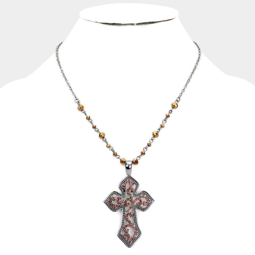 Hematite Rhinestone Embellished Metal Cross Pendant Necklace - Jewelry Store by Erik Rayo