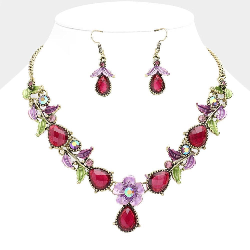 Gold Colored Metal Flower Leaf Teardrop Stone Bib Necklace - Jewelry Store by Erik Rayo