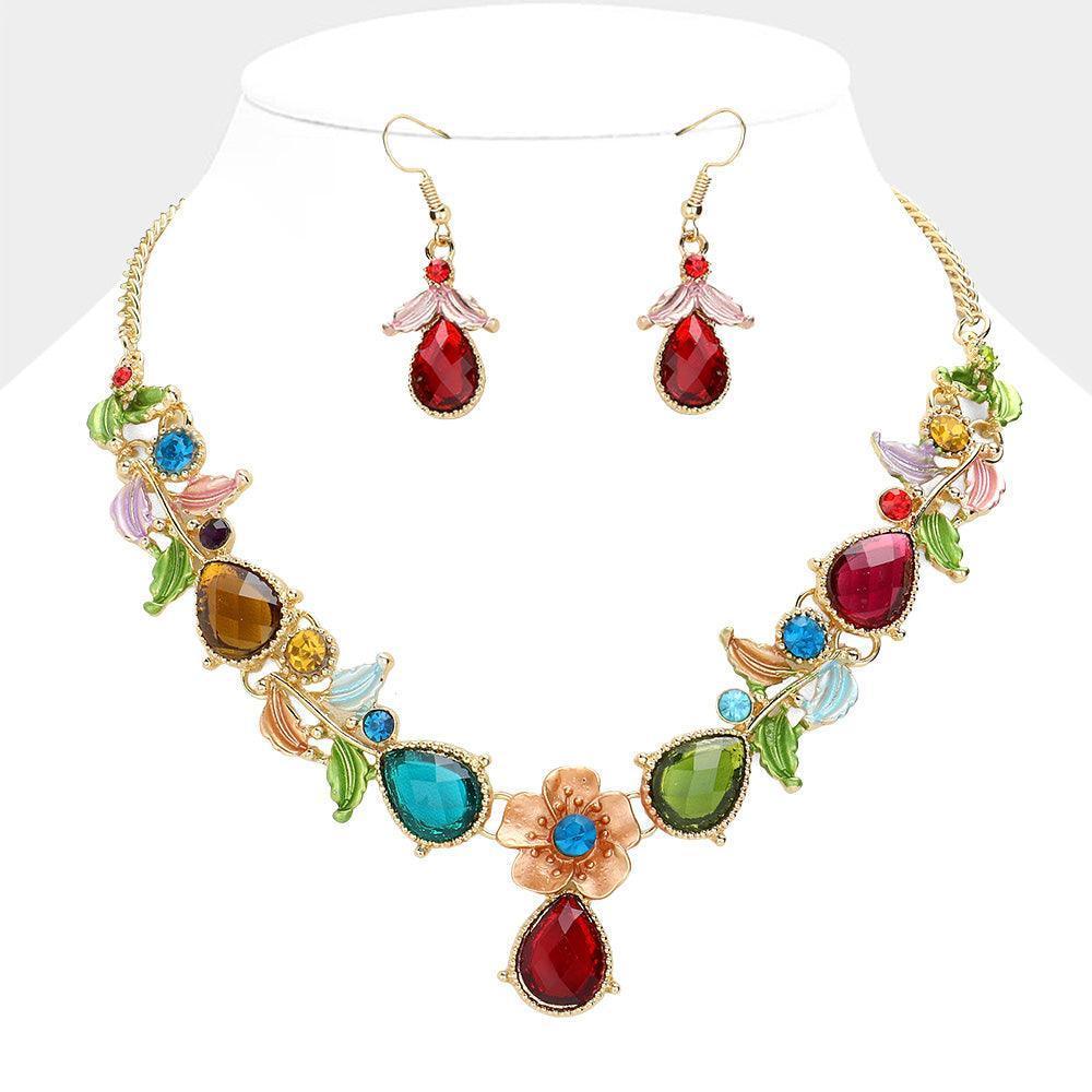 Gold Colored Metal Flower Leaf Teardrop Stone Bib Necklace - Jewelry Store by Erik Rayo