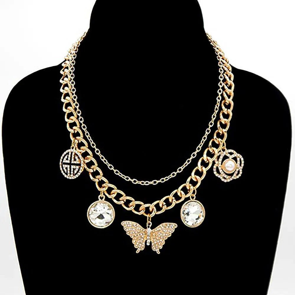 Gold Greek Pattern Round Stone Butterfly Pearl Centered Flower Pendant Double Layered Necklace - Jewelry Store by Erik Rayo