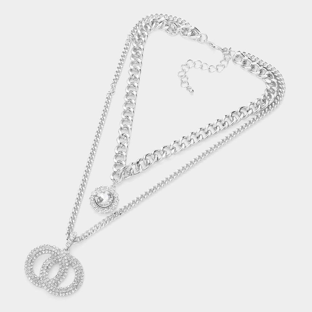 Stone Embellished Open Circle Link Pendant Double Layered Necklace - Jewelry Store by Erik Rayo