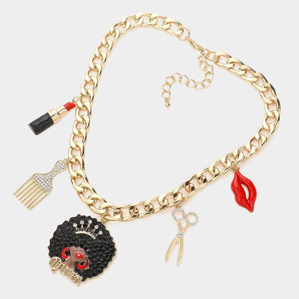 Gold Lipstick Comb Afro Girl Scissors Lips Pendant Station Necklace - Jewelry Store by Erik Rayo