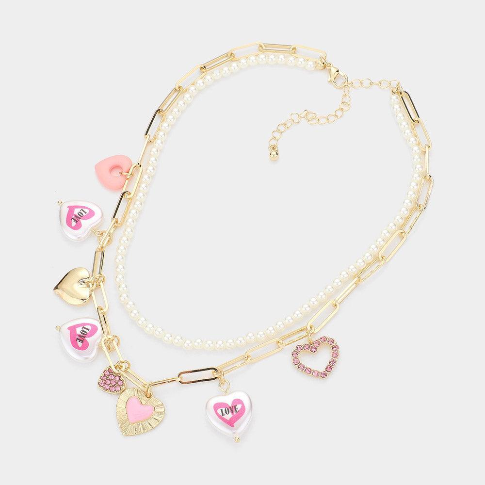 Gold Heart Pendant Station Pearl Double Layered Necklace - Jewelry Store by Erik Rayo