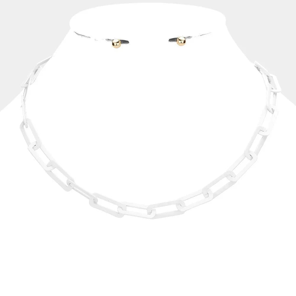 White Colored Open Metal Rectangle Link Necklace - Jewelry Store by Erik Rayo