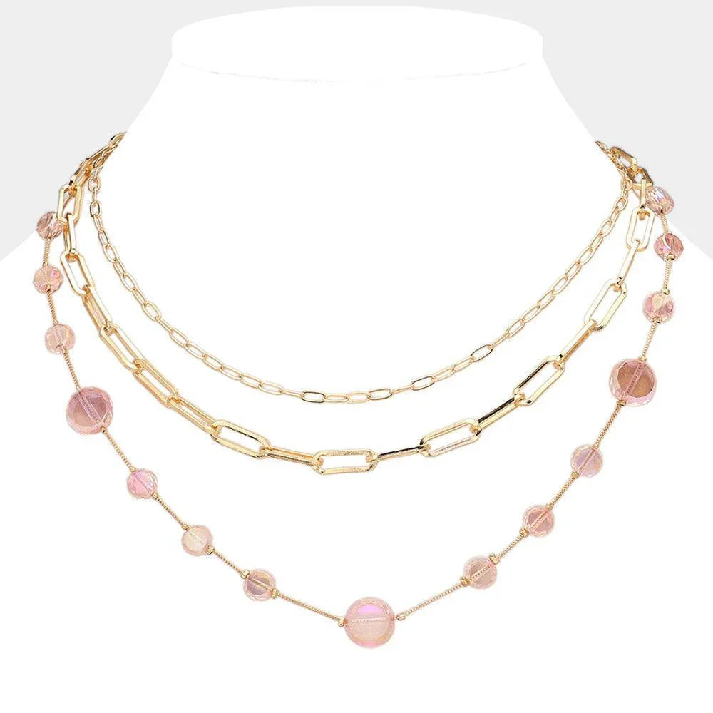 Pink Faceted Clear Disc Beads Station Metal Paper Clip Link Chain Layered Necklace - Jewelry Store by Erik Rayo
