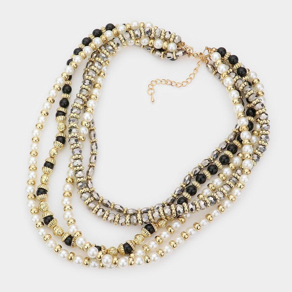 Gold Pearl Beaded Multi Layered Bib Necklace - Jewelry Store by Erik Rayo