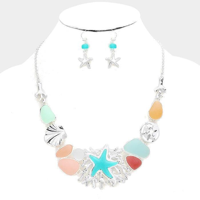 Silver Sea Glass Sea Life Theme Starfish Shell Statement Necklace - Jewelry Store by Erik Rayo