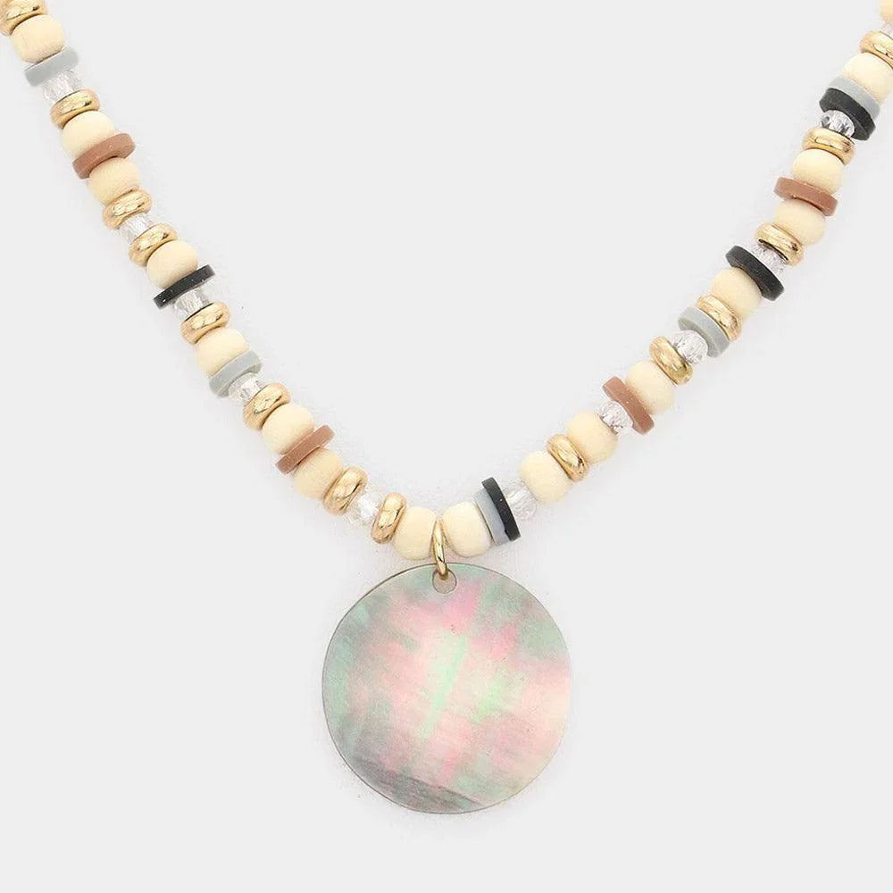 Gold Wood Heishi Beaded Abalone Pendant Necklace - Jewelry Store by Erik Rayo
