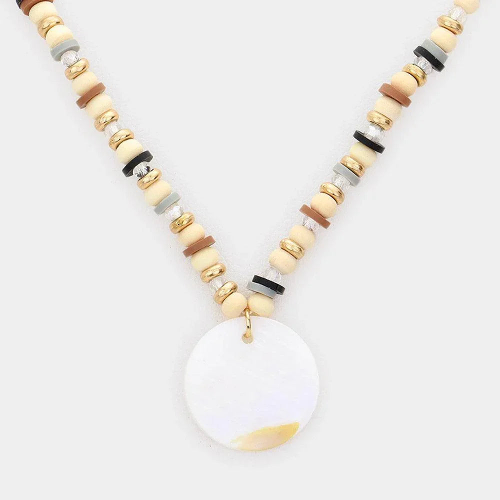 Gold Wood Heishi Beaded Mother Of Pearl Pendant Necklace - Jewelry Store by Erik Rayo