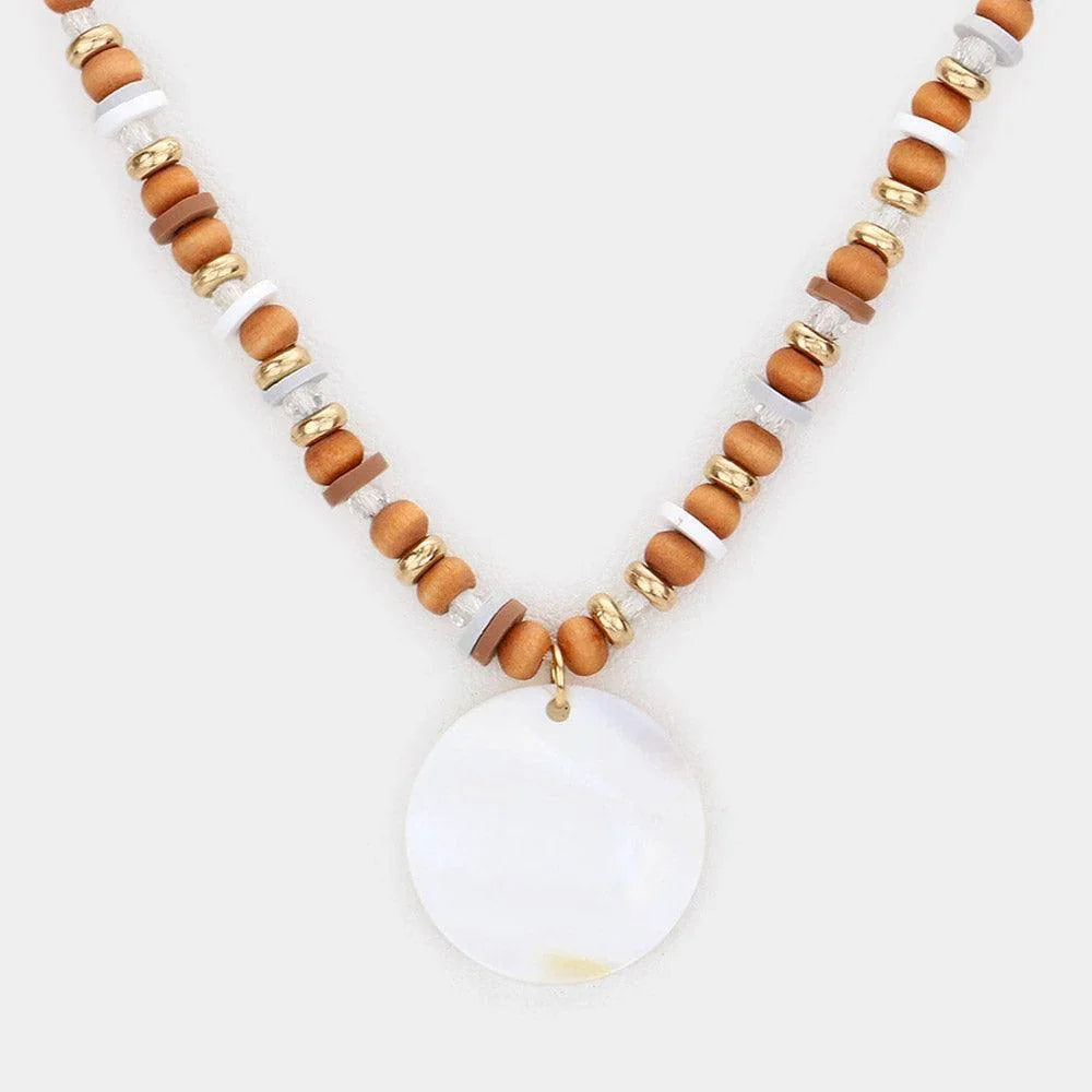 Gold Wood Heishi Beaded Mother Of Pearl Pendant Necklace - Jewelry Store by Erik Rayo