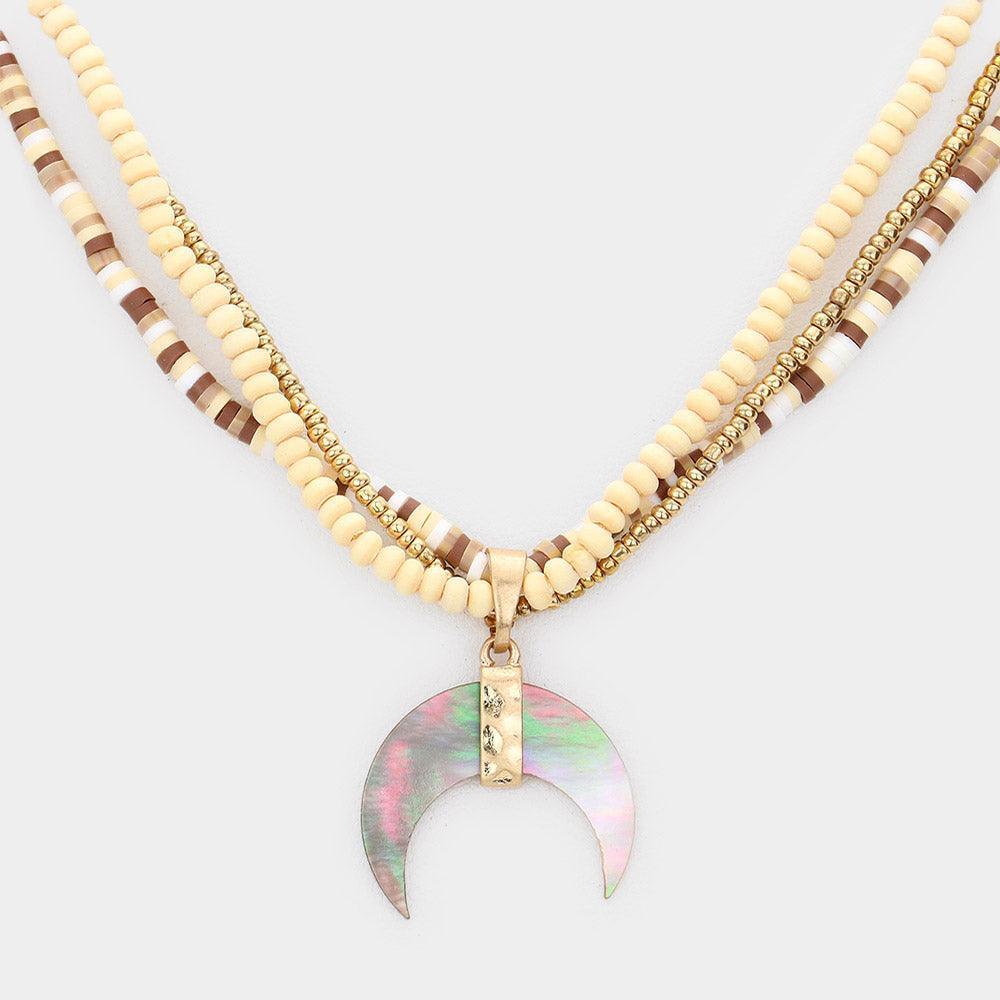 Gold Wood Heishi Beaded Abalone Crescent Pendant Triple Layered Pendant Necklace - Jewelry Store by Erik Rayo