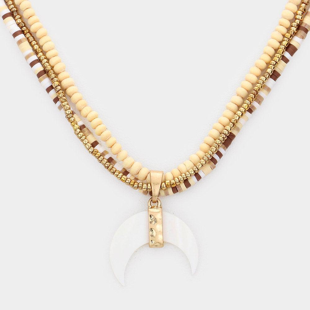 Gold Wood Heishi Beaded Abalone Crescent Pendant Triple Layered Pendant Necklace - Jewelry Store by Erik Rayo