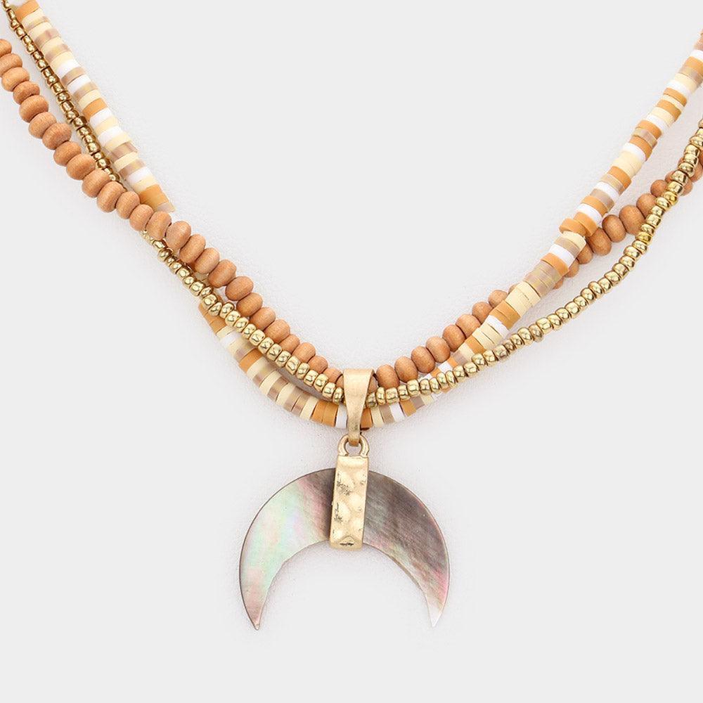 Gold Wood Heishi Beaded Abalone Crescent Pendant Triple Layered Pendant Necklace - Jewelry Store by Erik Rayo