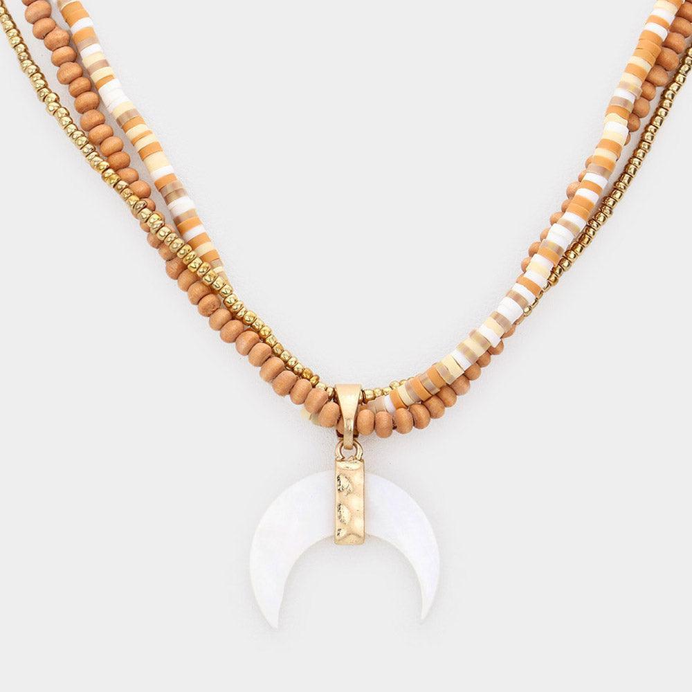 Gold Wood Heishi Beaded Abalone Crescent Pendant Triple Layered Pendant Necklace - Jewelry Store by Erik Rayo