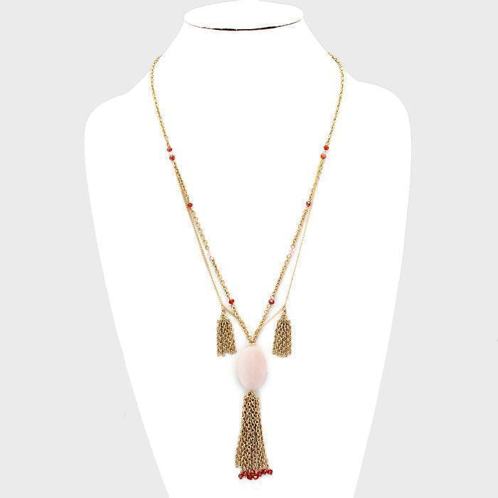 Pink Oval Stone Accented Tassel Drop Necklace - Jewelry Store by Erik Rayo
