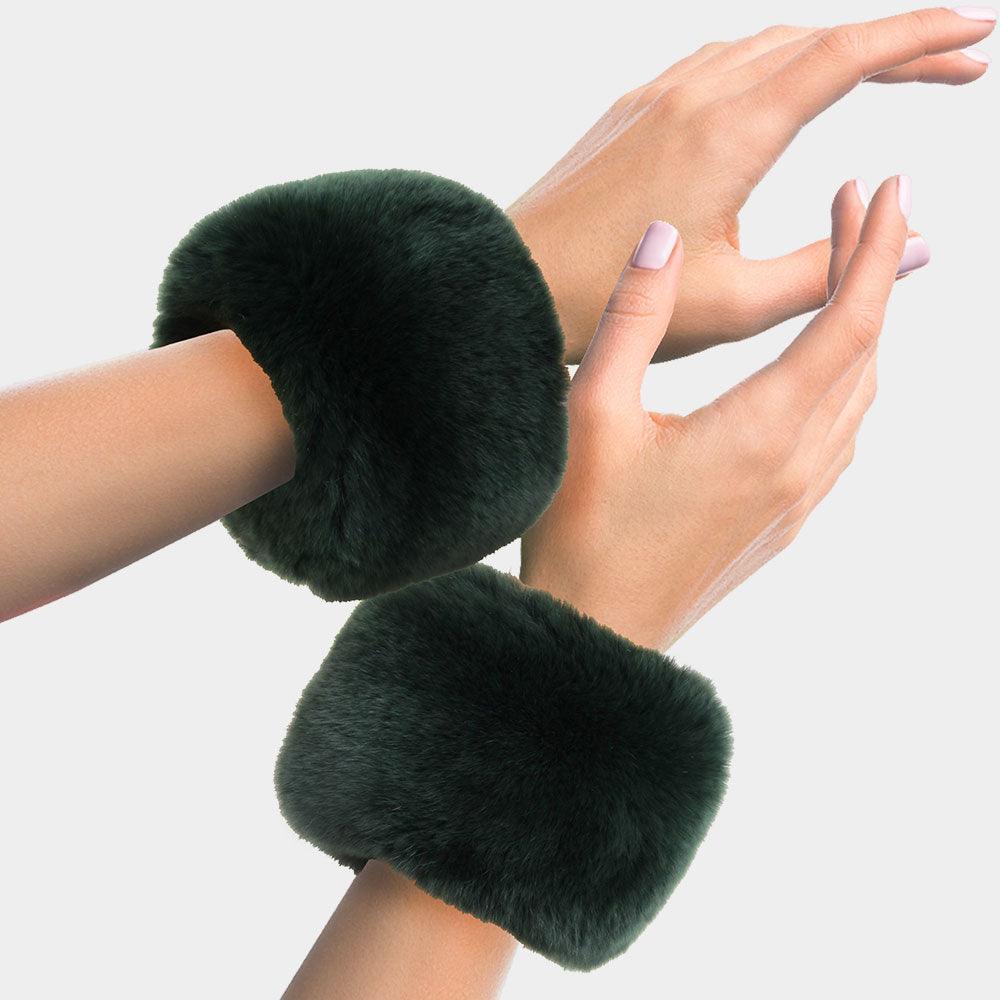 Olive Green Rabbit Fur Wrist Cuff Arm Warmer Gloves - Jewelry Store by Erik Rayo