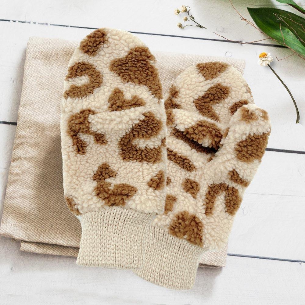 Beige Leopard Teddy Pop-Top Mitten Gloves - Jewelry Store by Erik Rayo
