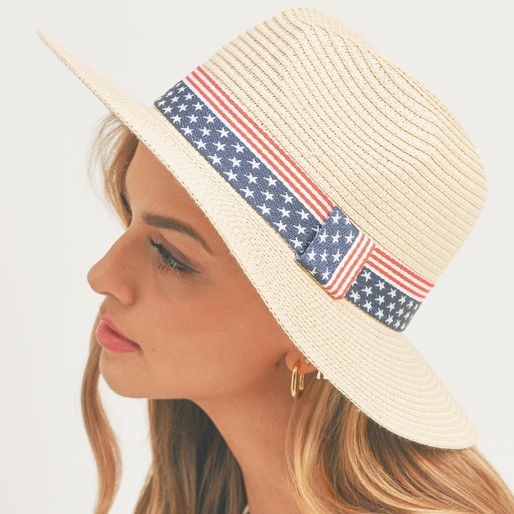American USA Flag Band Panama Straw Sun Hat - Jewelry Store by Erik Rayo