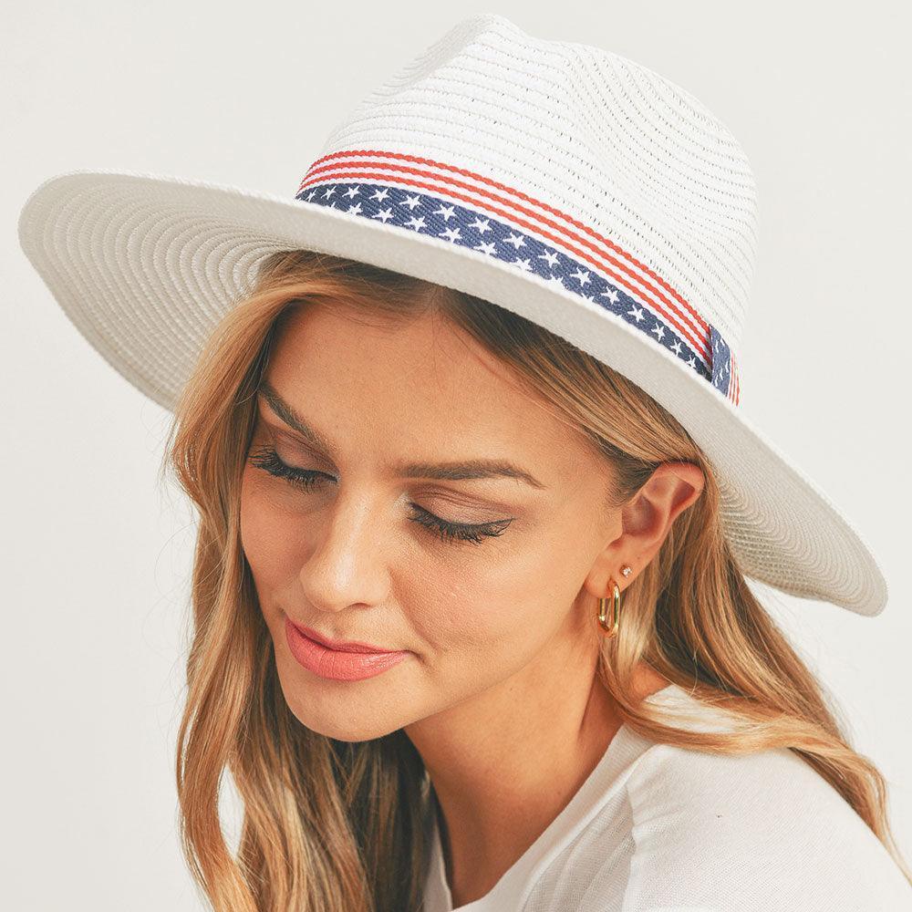 American USA Flag Band Panama Straw Sun Hat - Jewelry Store by Erik Rayo