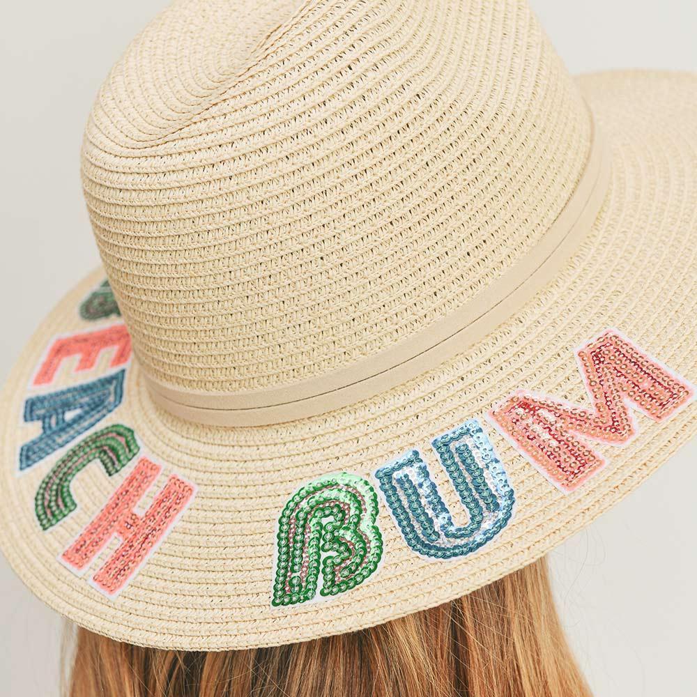 Beach Bum Sequin Message Straw Panama Sun Hat - Jewelry Store by Erik Rayo
