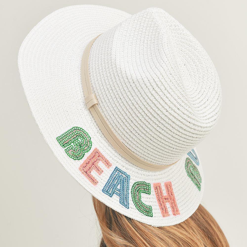 Beach Bum Sequin Message Straw Panama Sun Hat - Jewelry Store by Erik Rayo