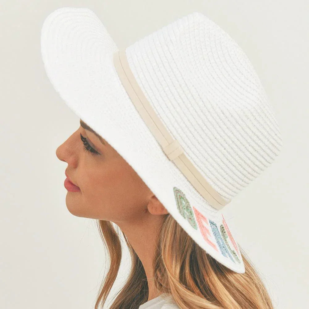 Beach Bum Sequin Message Straw Panama Sun Hat - Jewelry Store by Erik Rayo
