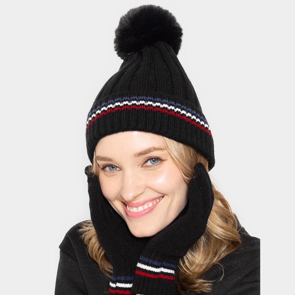 Stripe Pointed Faux Fur Pom Pom Knit Beanie Hat - Jewelry Store by Erik Rayo