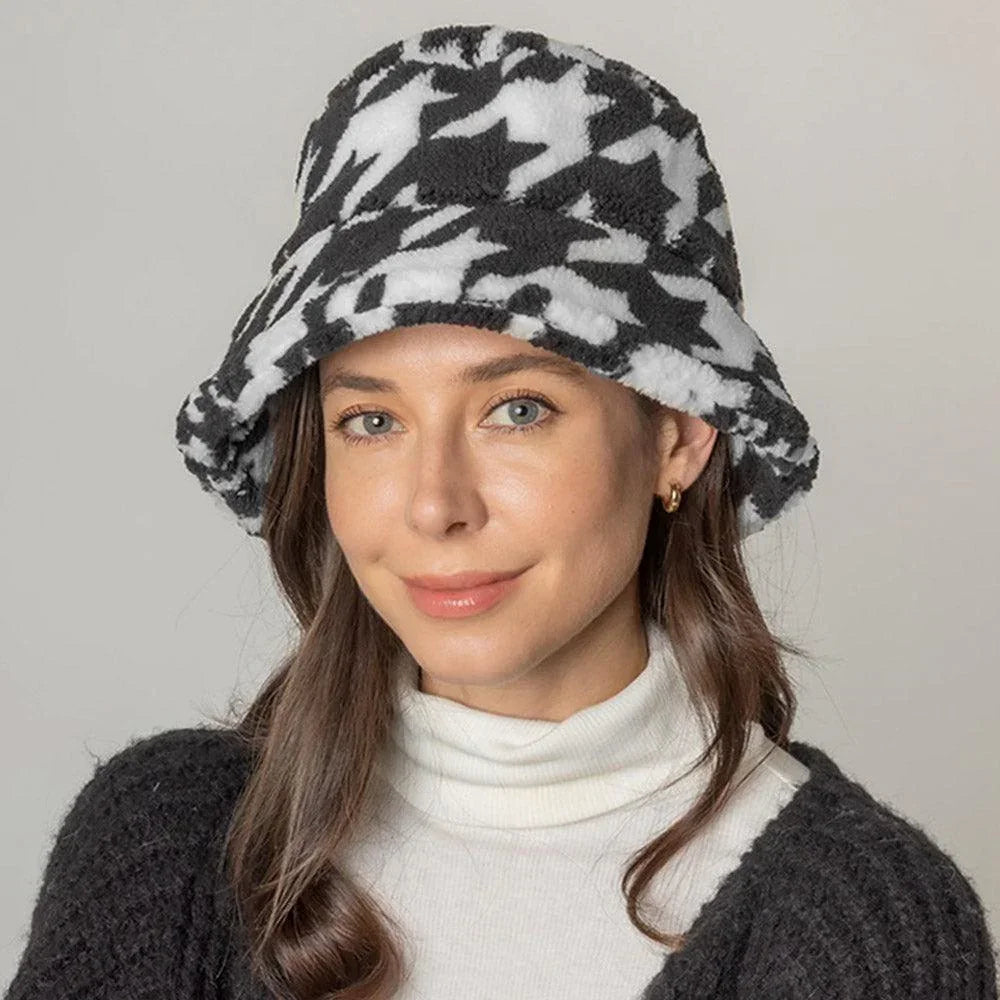 Houndstooth Patterned Sherpa Bucket Hat - Jewelry Store by Erik Rayo