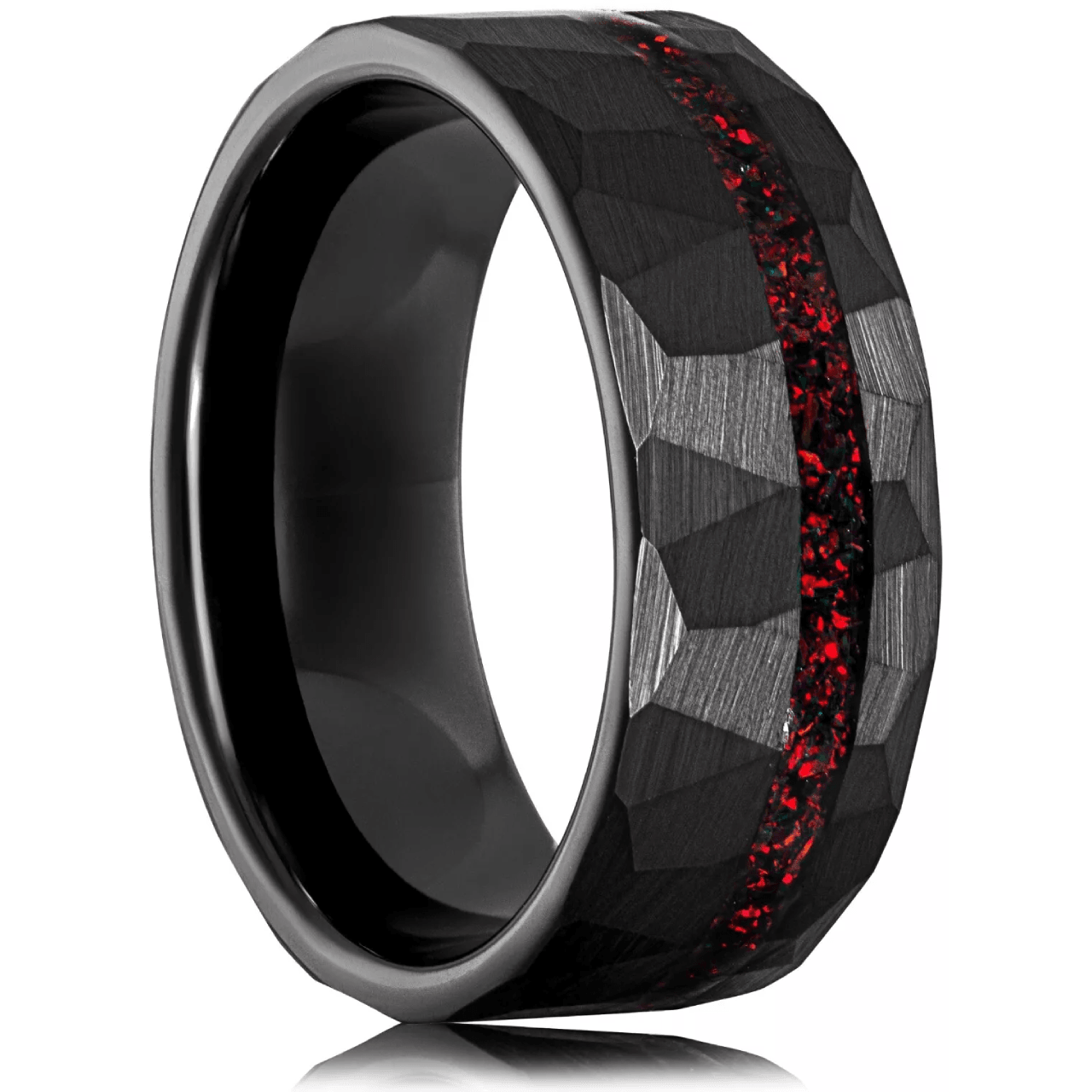 Black Wedding Band with Red Opal Men's and Women's Wedding and Engagement Band - Jewelry Store by Erik Rayo