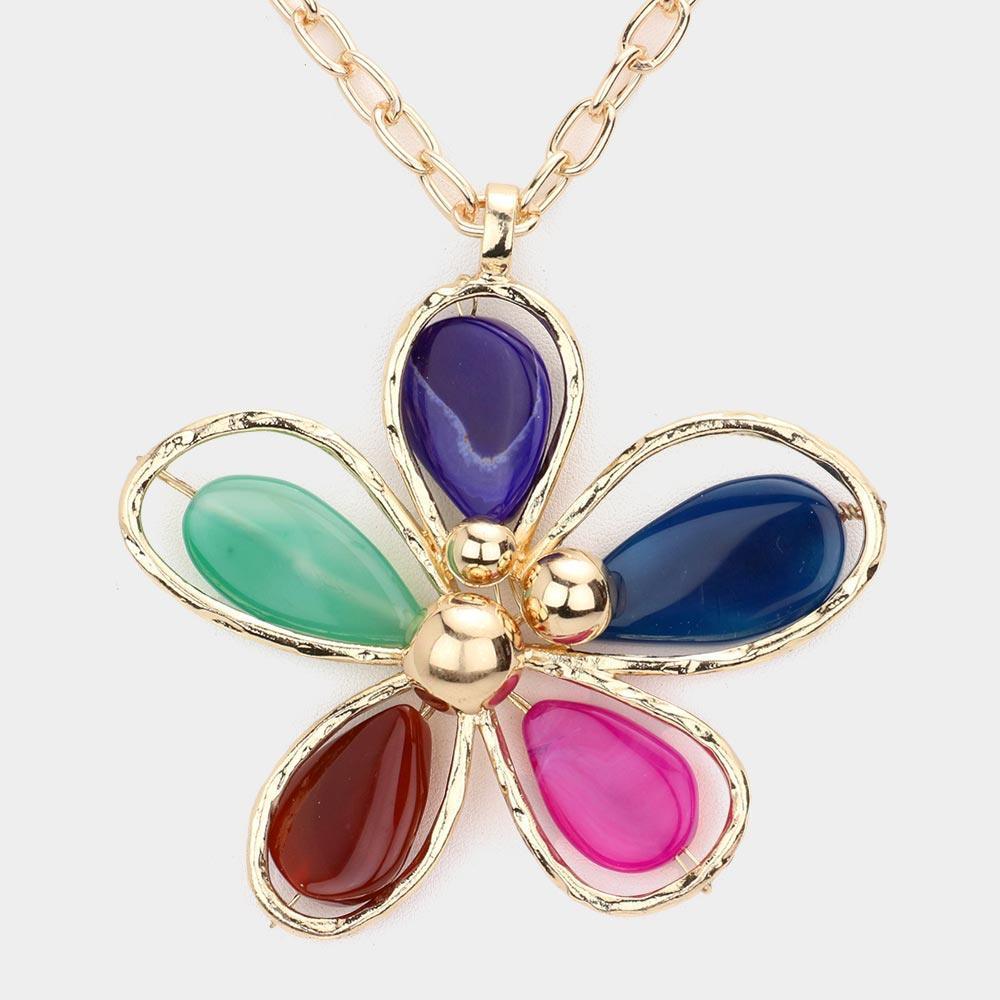 Gold Oversized Multi Color Petal Flower Pendant Long Necklace - Jewelry Store by Erik Rayo