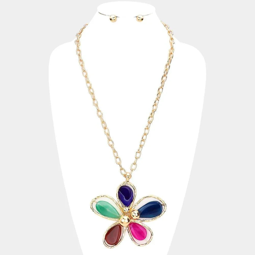 Gold Oversized Multi Color Petal Flower Pendant Long Necklace - Jewelry Store by Erik Rayo