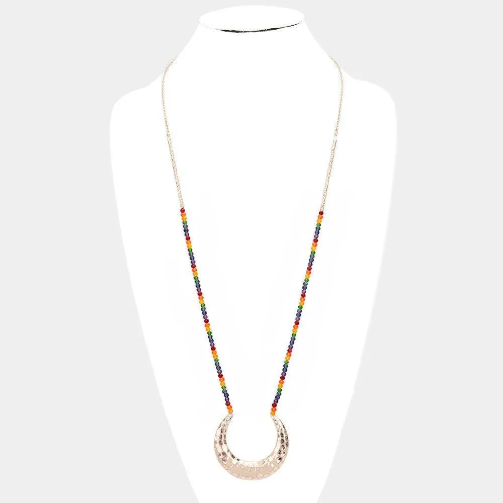 Gold Hammered Metal Moon Pendant Bead Long Necklace - Jewelry Store by Erik Rayo