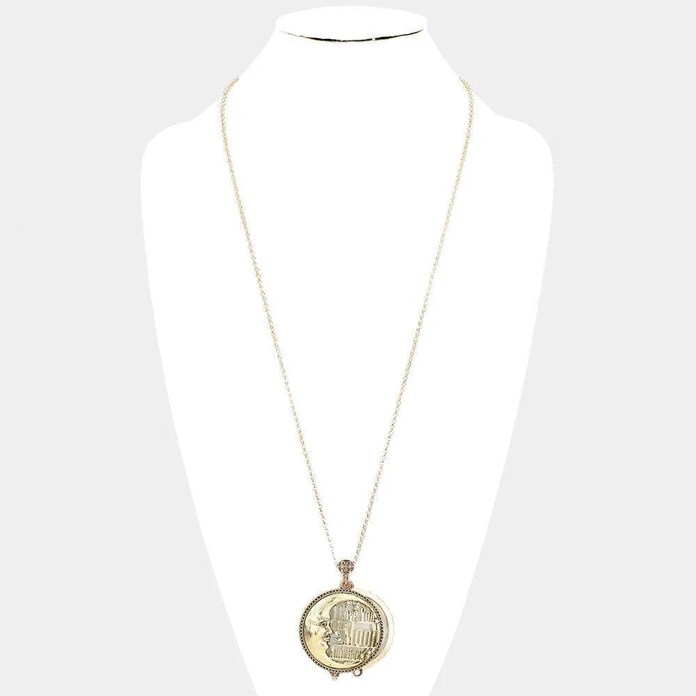 Gold I Love You... Antique Metal Crescent Moon Magnifying Glass Pendant Long Necklace - Jewelry Store by Erik Rayo