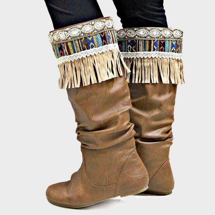 1-Pair Boho Beaded Aztec Stripe Suede Fringe Boot Toppers - Jewelry Store by Erik Rayo