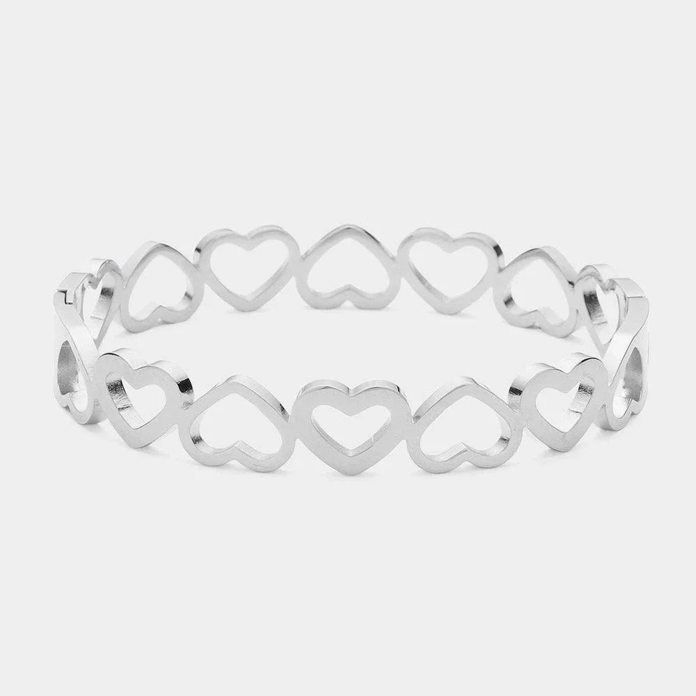 Silver Stainless Steel Open Heart Hinged Bangle Bracelet - Jewelry Store by Erik Rayo