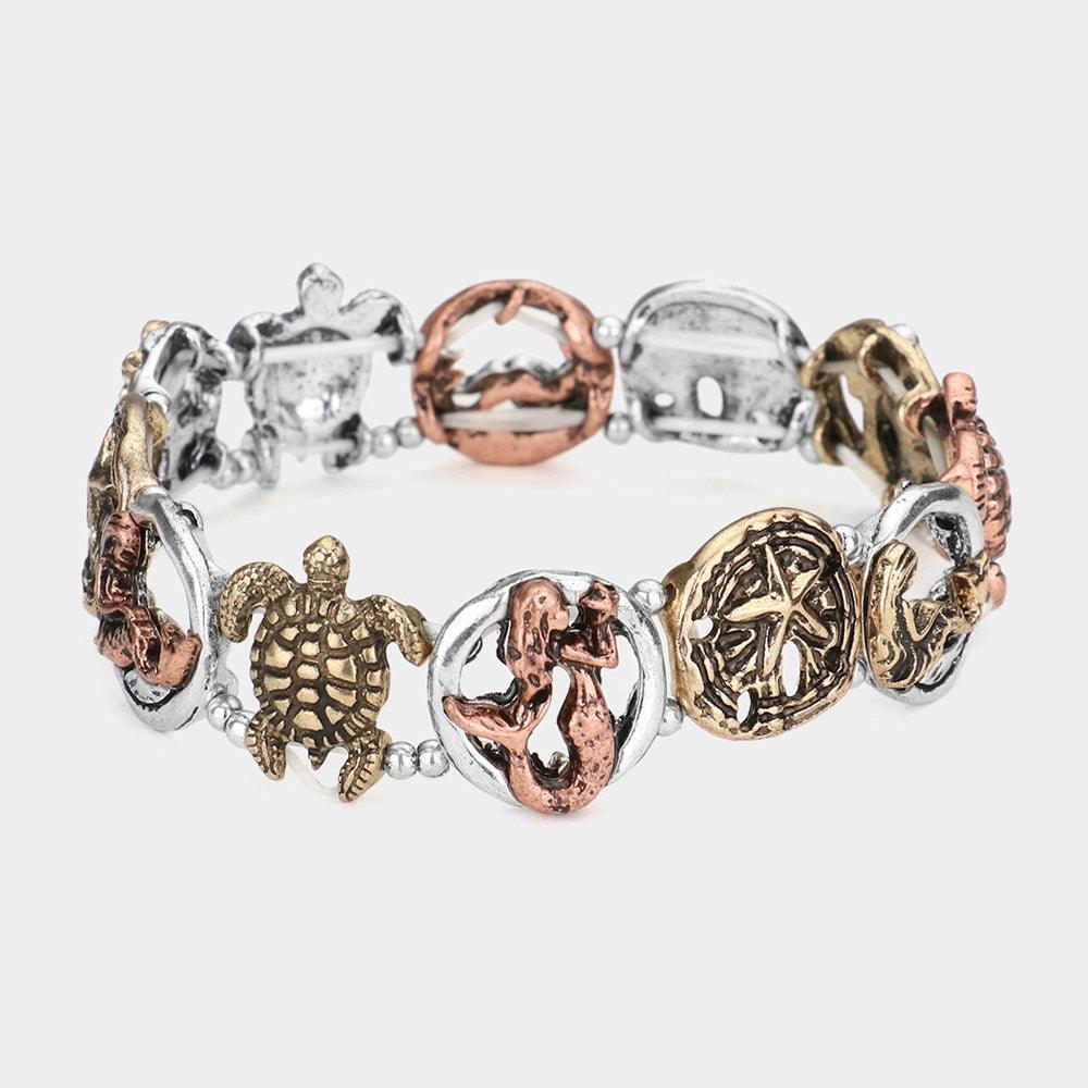 Three Tone Sea Life Antique Metal Pendant Link Stretch Bracelet - Jewelry Store by Erik Rayo