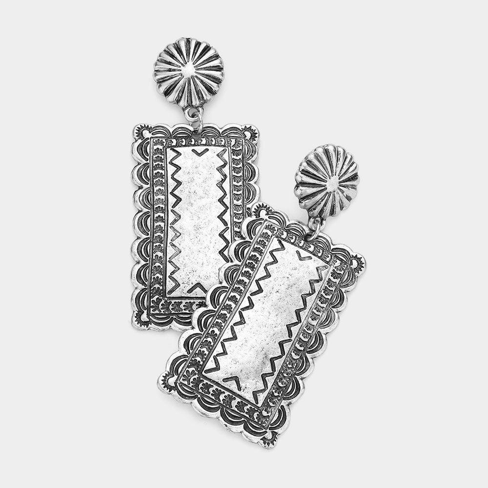 Silver Antique Metal Rectangle Dangle Earrings - Jewelry Store by Erik Rayo