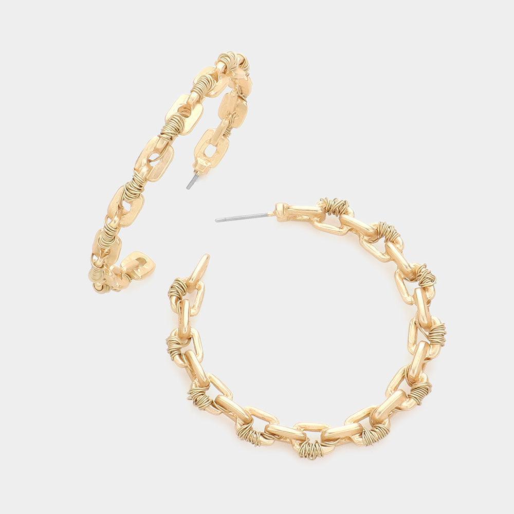 Gold Wire Wrapped Open Metal Rectangle Link Hoop Earrings - Jewelry Store by Erik Rayo