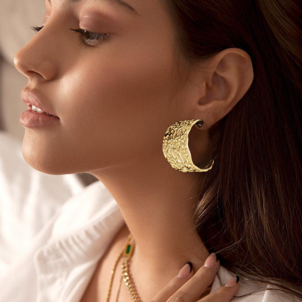 Gold Textured Abstract Metal Hoop Earrings - Jewelry Store by Erik Rayo