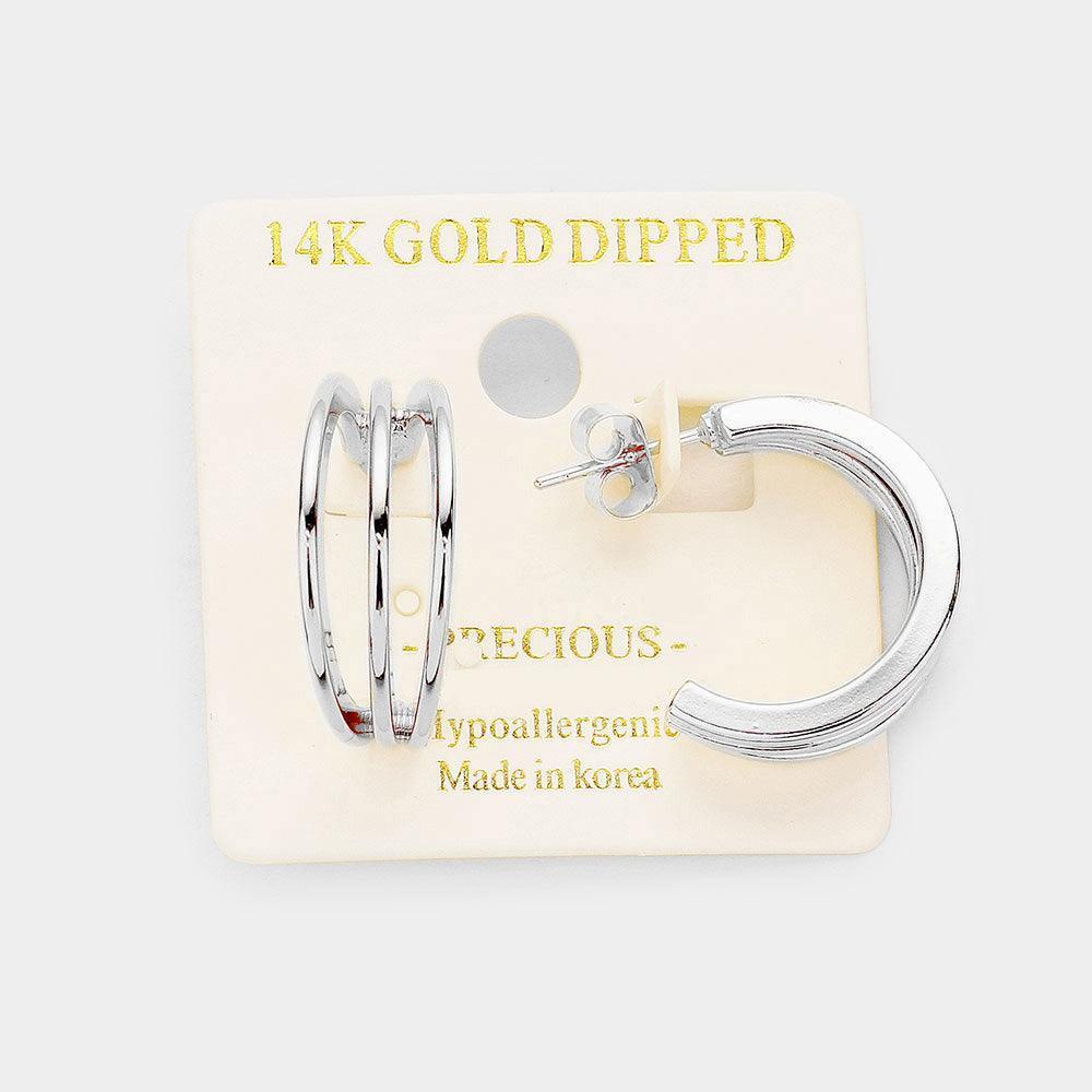Gold 14K White Gold Dipped Triple Layered Metal Hypoallergenic Half Hoop Earrings - Jewelry Store by Erik Rayo