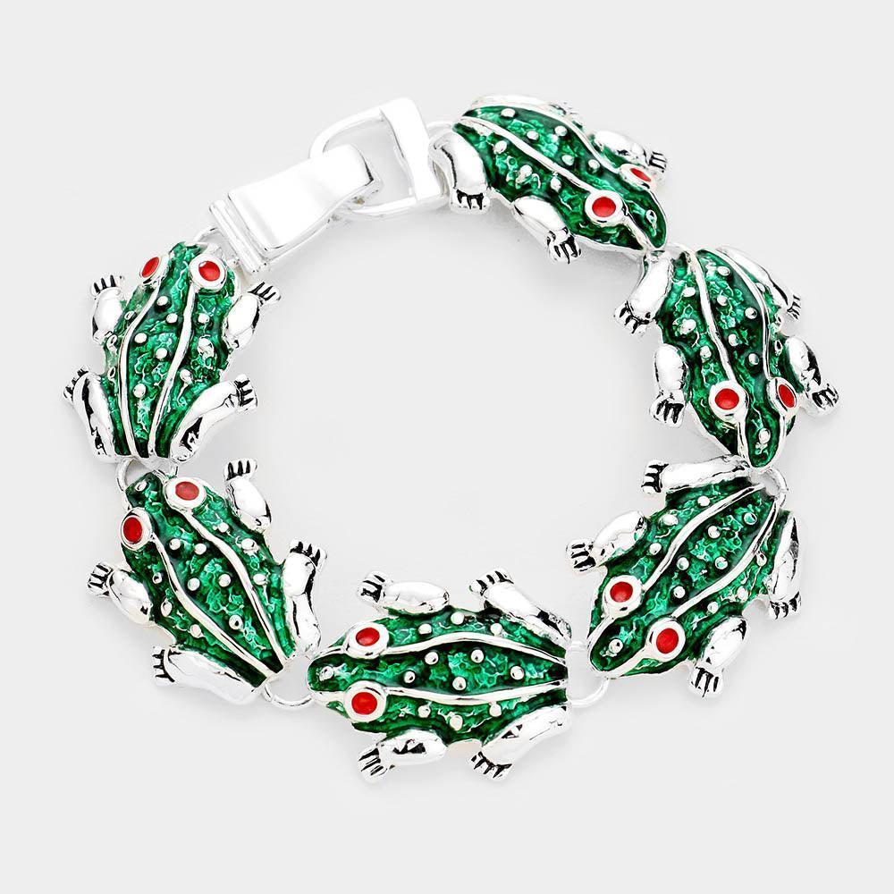 Silver Embellished Enamel Frog Metal Magnetic Link Bracelet - Jewelry Store by Erik Rayo