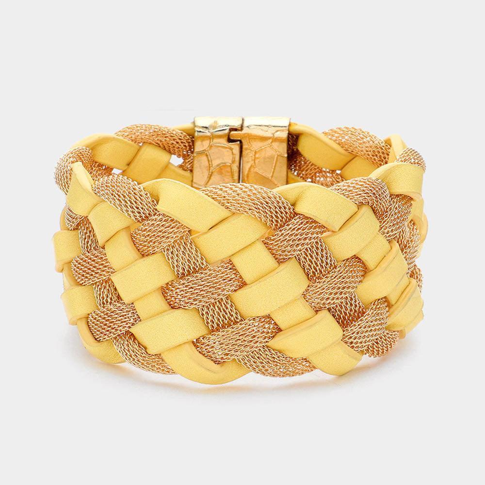 Yellow Braided Metal Mesh Faux Leather Magnetic Bracelet - Jewelry Store by Erik Rayo