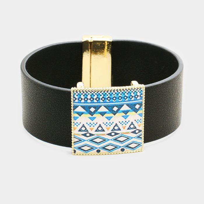 Gold Geo Patterned Genuine Leather Magnetic Bracelet - Jewelry Store by Erik Rayo