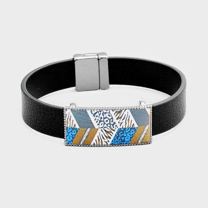 Hematite Geo Patterned Genuine Leather Magnetic Bracelet - Jewelry Store by Erik Rayo