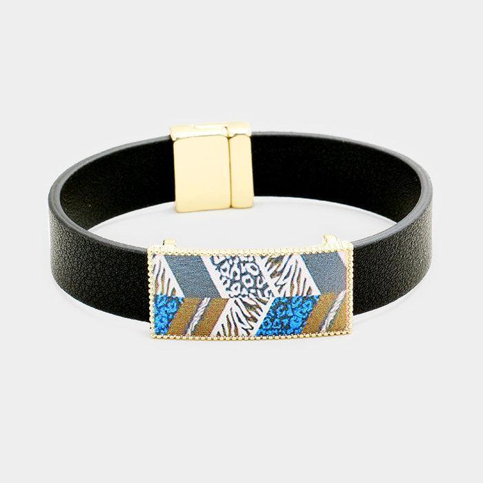 Gray Geo Patterned Genuine Leather Magnetic Bracelet - Jewelry Store by Erik Rayo