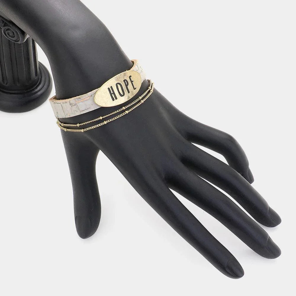 Silver HOPE Message Metal Plate Pointed Chain Faux Leather Magnetic Bracelet - Jewelry Store by Erik Rayo