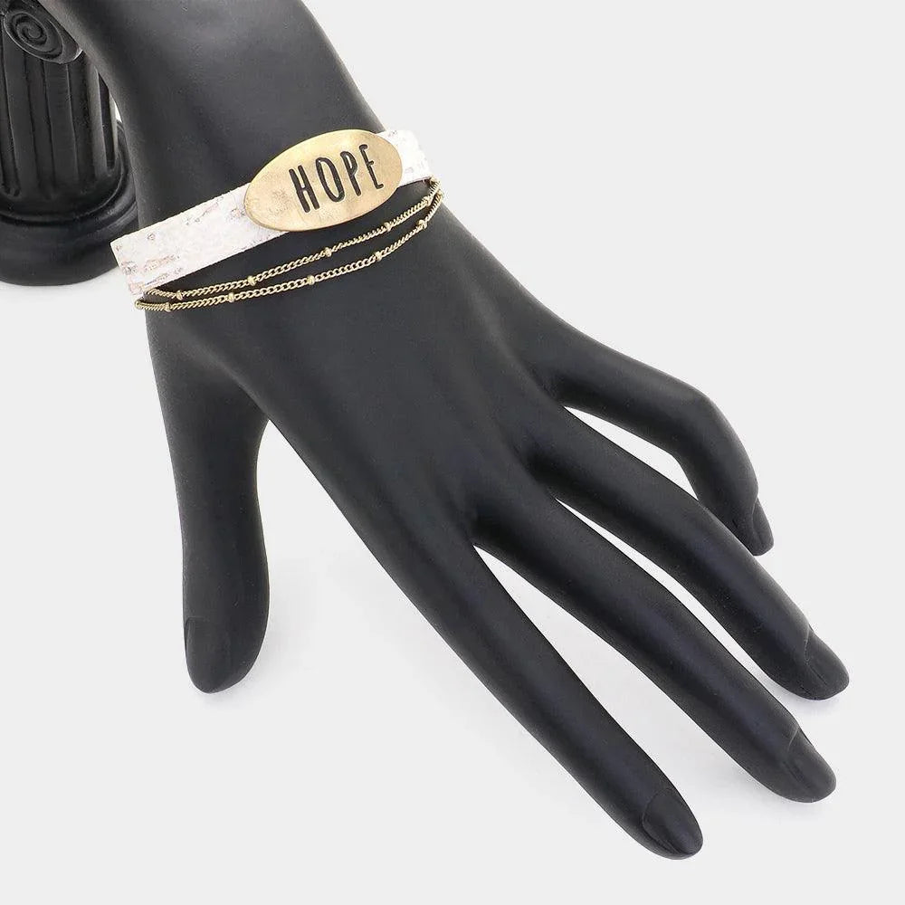 White HOPE Message Metal Plate Pointed Chain Faux Leather Magnetic Bracelet - Jewelry Store by Erik Rayo