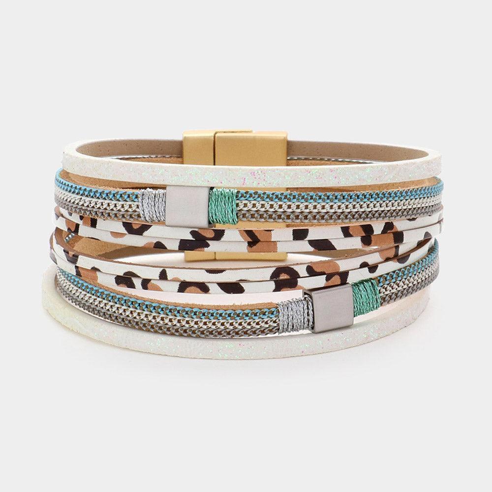 White Square Metal Pointed Faux Leather Magnetic Bracelet - Jewelry Store by Erik Rayo