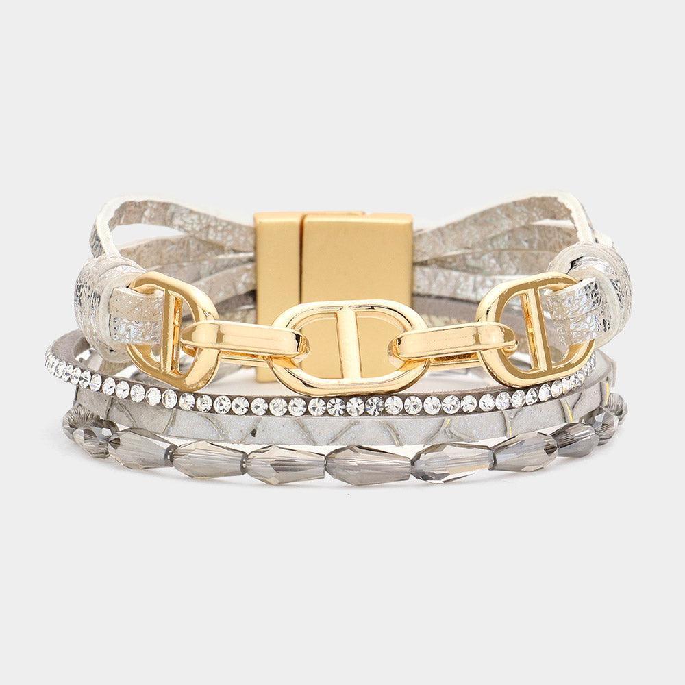 Silver Metal Hardware Pointed Faceted Teardrop Beaded Rhinestone Faux Leather Magnetic Bracelet - Jewelry Store by Erik Rayo